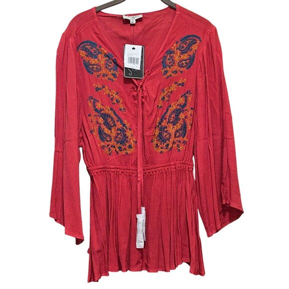 Jachs Girlfriend Red Boho‎ Tunic Top With Embroidered Paisley Design XS - Picture 1 of 4